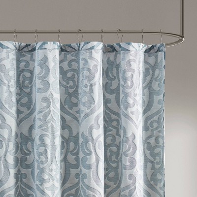 Aqua and Silver Damask Jacquard Fabric Shower Curtain
