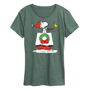 Women's - Peanuts - Snoopy and Woodstock House Sleigh Short Sleeve Graphic T-Shirt - 1 of 4