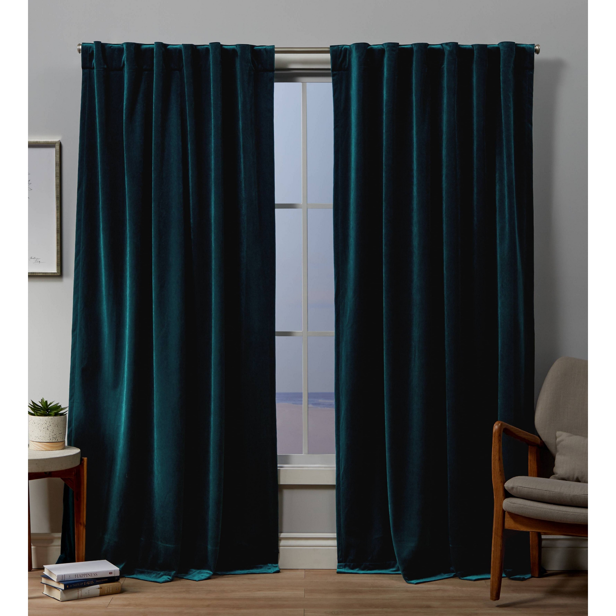 Set of 2 (96"x54") Velvet Back Tab Light Filtering Window Curtain Panels Teal: Polyester, Indoor Use - Exclusive Home