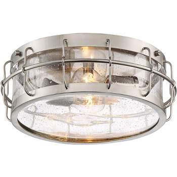 Possini Euro Design Aya Modern Industrial Ceiling Light Flush Mount Fixture 13 1/4" Wide Satin Nickel 2-Light Cage Clear Seeded Glass for Bedroom Home