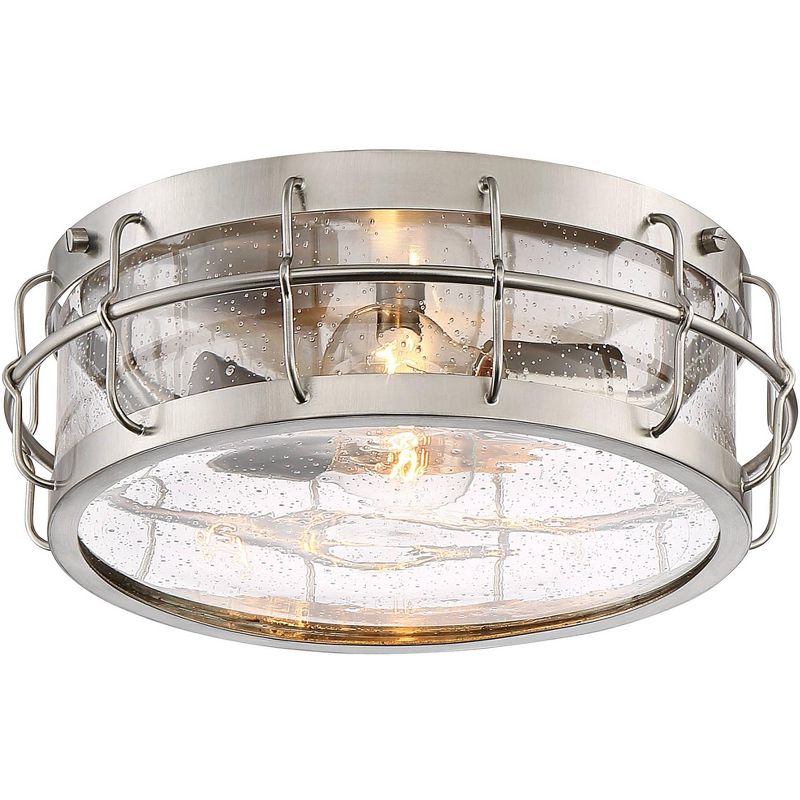 Possini Euro Design Aya Modern Industrial Ceiling Light Flush Mount Fixture 13 1/4" Wide Satin Nickel 2-Light Cage Clear Seeded Glass for Bedroom Home, 1 of 9
