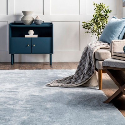 Light Blue Solid Shag Washable Round Synthetic Rug