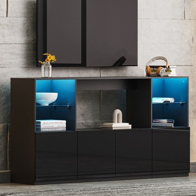 NicBex TV Stand for 75 Inch TV with LED Lights,TV Entertainment Center with Tempered Glass Shelves and Cabinets,TV Console Table for Living Room