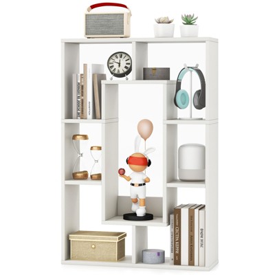 Tangkula 35.5” Geometric Bookshelf Open-back Bookcase w/ 7 Cubes Free-standing Storage Shelf Unit w/ Anti-Toppling Devices Gray/Natural/White
