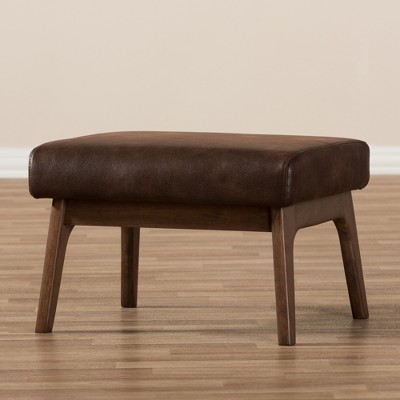Bianca 19'' Walnut Wood Distressed Dark Brown Faux Leather Ottoman
