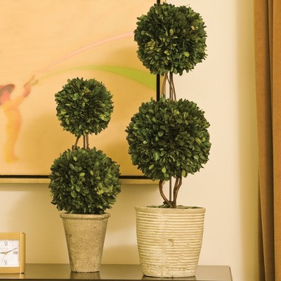 20" Green Boxwood Double Sphere Topiary in Beige Ceramic Pot