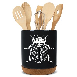 Elanze Designs 8 inch Floral Beetle Large Ceramic Kitchen Utensil Holder Black and White Crock with Cork Base - 1 of 4