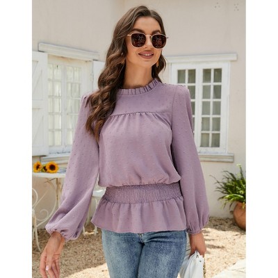 Women's Summer Blouse High Collar Long Sleeve Lantern Sleeve Pullover