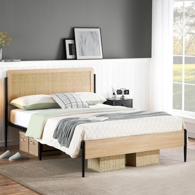 Boho Bed Frame with Natural Rattan Headboard & Solid Wood Footboard - Under Bed Storage Space