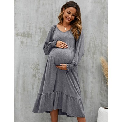 Maternity Dress V Neck Long Sleeve Dress Ruffle Baby Shower Midi Dress Photoshoot