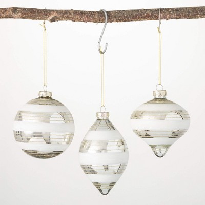 4"H  4.75"H and 5.25"H Sullivans White Striped Drop Ornaments - Set of 3  White Christmas Ornaments