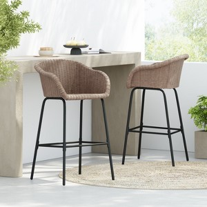 Christopher Knight Home Karin Outdoor Rattan Weave Metal Bar Stools with Backrest (Set of 2) - 1 of 4