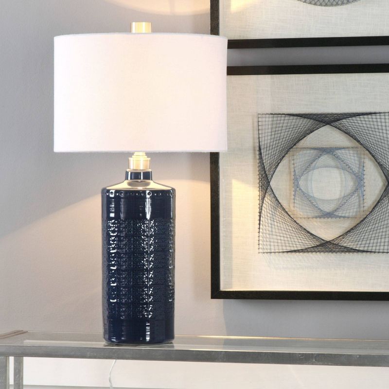 Uttermost Modern Table Lamp 31" Tall Royal Blue Glaze Ceramic White Linen Drum Shade for Living Room Bedroom House Bedside Office, 2 of 3