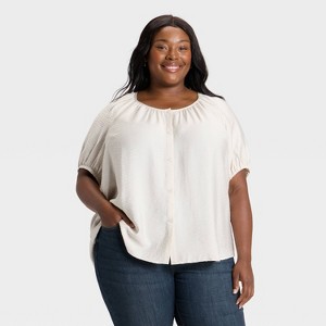 Women's Puff Elbow Sleeve Button-Front Top - Ava & Viv™ - 1 of 3