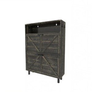 PDTEND Farmhouse Freestanding Shoe Storage Cabinet with Barn Door Design - Dark Oak - 1 of 4