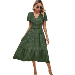 Coolmee Women's Summer Causal Fultter Short Sleeve V-Neck Midi Dress Ruffle Tiered Smocked Dress - 1 of 4