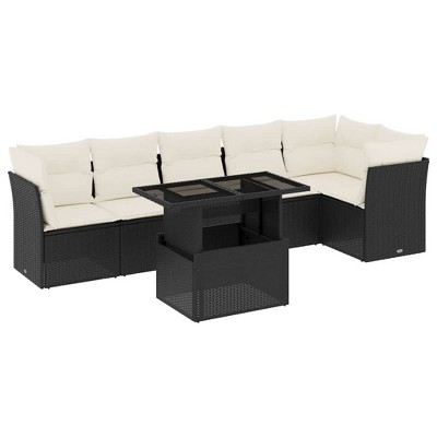 vidaXL 7 Piece Patio Sofa Set with Cushions Black and Cream Poly Rattan