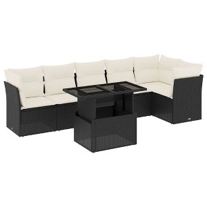 vidaXL 7 Piece Patio Sofa Set with Cushions Black and Cream Poly Rattan - 1 of 4