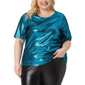 Agnes Orinda Women's Plus Size Metallic Round Neck Short Sleeve Summer Carnival Party Blouses - 1 of 4
