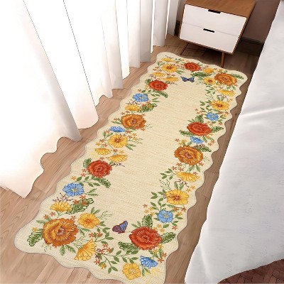 2x6 Yellow Floral Runner Rug, Machine Washable Low Pile Non-Slip Accent Carpet for Hallway, Dorm, Entryway, Stain-Resistant Easy-Clean Indoor Mat