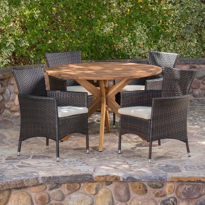 Multibrown Wicker and Teak Finish Acacia Wood 5 Piece Dining Set with Beige Cushions