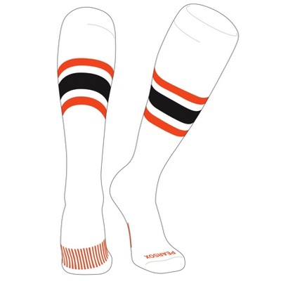 PEAR SOX Striped OTC Baseball, Softball, Football Socks (B) White, Orange, Black (XL)