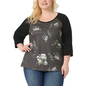 Agnes Orinda Women's Plus Size Round Neck 3/4 Raglan Sleeves Floral Printed Dressy Casual Peasant Tops - 1 of 4