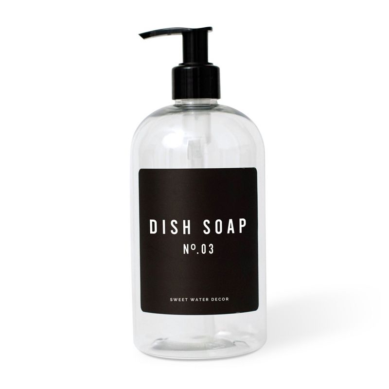 Sweet Water Decor Clear Plastic Black Label Dish Soap Dispenser - 16oz, 1 of 4