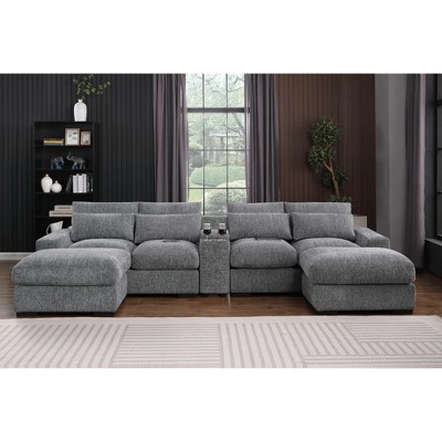 Flannel Velvet Upholstered U-Shaped Sectional Sofas & Chaise with Cupholder Console, USB Charging Ports, and Two Matching Ottomans