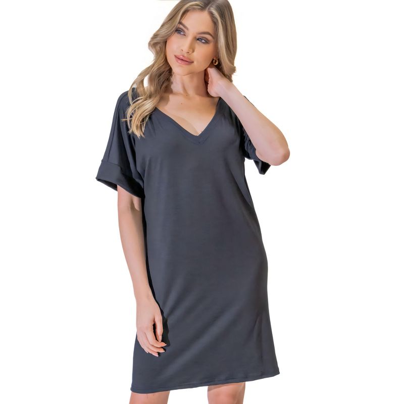 24seven Comfort Apparel Solid Color Loose Fit V Neck T Shirt Style Womens Knee Length Dress, 5 of 7