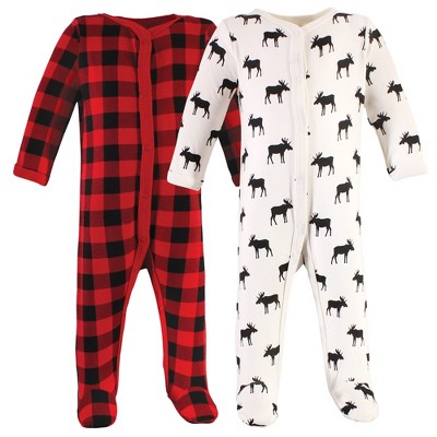 Image of Hudson Baby Infant Boy Cotton Snap Sleep and Play 2pk, Plaid Moose, 0-3 Months