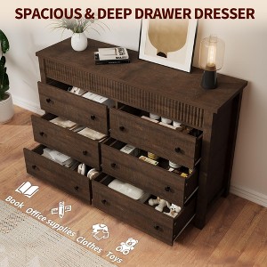 6 Drawer Dresser for Bedroom, Wooden Chest of Drawers, Fluted TV Stand Storage Organizer, Walnut Finish - 1 of 4