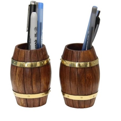 Vintiquewise Set of Two Decorative Wine Barrel Shaped Wooden Pen Holders for Office Desk, or Entryway
