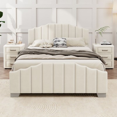 CAVINAS Queen/Full Size Velvet Upholstered Platform Bed Frame with Vertical Channel Tufted Headboard,No Box Spring Needed
