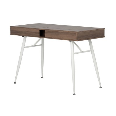 Mid-Century Modern White/Chestnut Writing Desk with Split Drawer