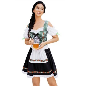 Women's Traditional Bavarian Dirndl Dress - Plaid Bodice Off-Shoulder Sleeves & Apron Skirt for Folk Gatherings - 1 of 4