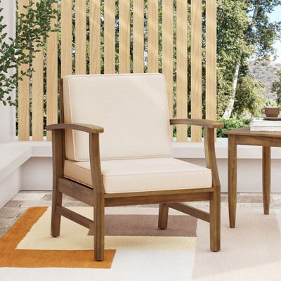 SKRAN Outdoor Accent Club Chair, Acacia Wood Patio Water Resistant Chairs with Thick Cushions & Back  for Coastal Backyard Balcony