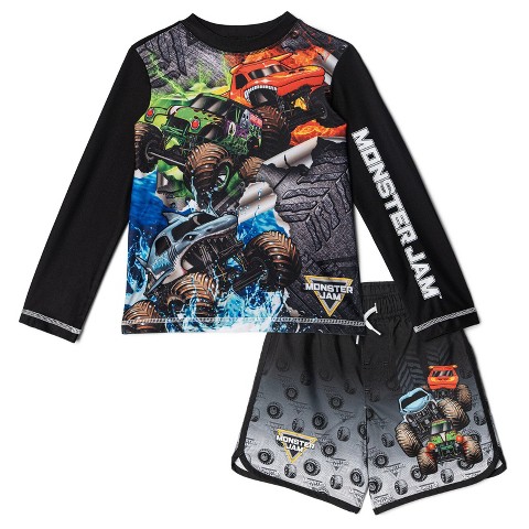 Monster Jam Little Boys' Long Sleeve Graphic Swim Shirt and Allover Print Drawstring Board Shorts Outfit Black 5