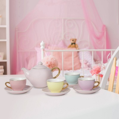 Hand-Glazed Ceramic Pastel Tea Party Set with Gold Accents