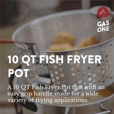 Gas One 10 QT Aluminum Fry Pot with Easy Grip Handle Outdoor Fryer with Perforated Strainer Basket – Ideal for Seafood, Chicken