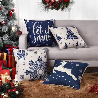 Set of 4 Christmas Pillow Covers 18x18 in Winter Holiday Xmas Tree Snowflakes Reindeer Throw Pillow Cover, Farmhouse Decorative Cushion Case for Sofa