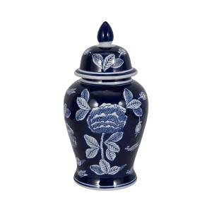 Sagebrook Home 18" Ceramic Temple Jar - Blue and White Floral Chinoiserie Floral Design Contemporary Decorative Jar Accent - 1 of 4