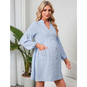 Maternity Swiss Dot Dress V Neck Long Sleeve Button Down Mini Dress Baby Shower Photoshoot with Pockets - 1 of 4