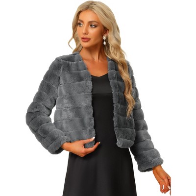Allegra K Women's Winter Warm Cropped Collarless Faux Fur Fluffy Jacket