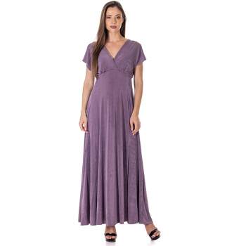 24seven Comfort Apparel Womens Flutter Sleeve Metallic Knit Maxi Dress Front Slit Empire Waist