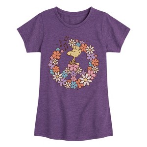 Girls' - Peanuts - Floral Peace Sign Woodstock Fitted Short Sleeve Graphic T-Shirt - 1 of 4