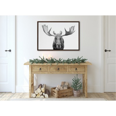 Moose Black and White Canvas Print with Brown Frame, 23x33