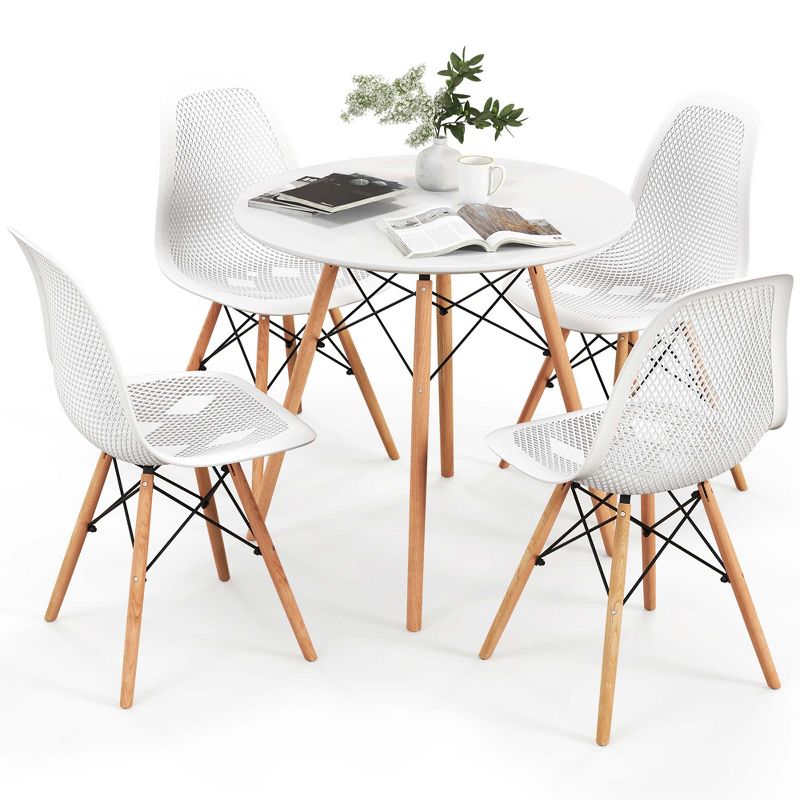 Costway 5 PCS Dining Table Set for 4 Persons Modern Round Table & 4 Chairs with Wood Leg Green/White, 1 of 9