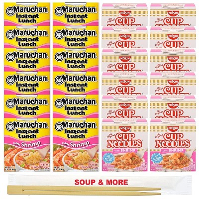 Maruchan Ramen Instant Shrimp Soup 12 Noodles Cups & 12 Nissin cup Shrimp Noodles Flavor , 24 Count, 2 Flavors
