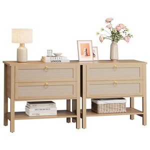 Rattan Night Stand Set of 2, Boho Nightstand with 2 Drawers and Storage Shelf, Modern Farmhouse Nightstand, Side Tables for Living Room, Bedroom - 1 of 4